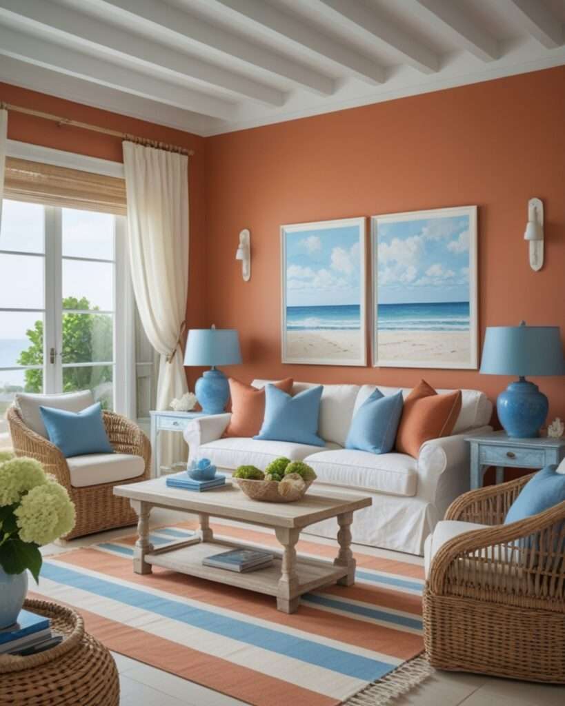 Coastal Terracotta Living Room With Sky Blue Accents
