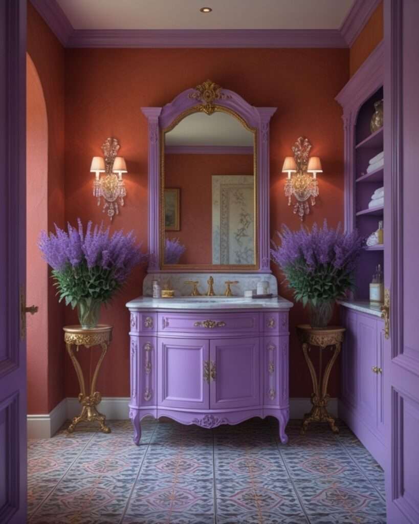 Chic Terracotta Bathroom Enhanced with Soft Lavender Touches