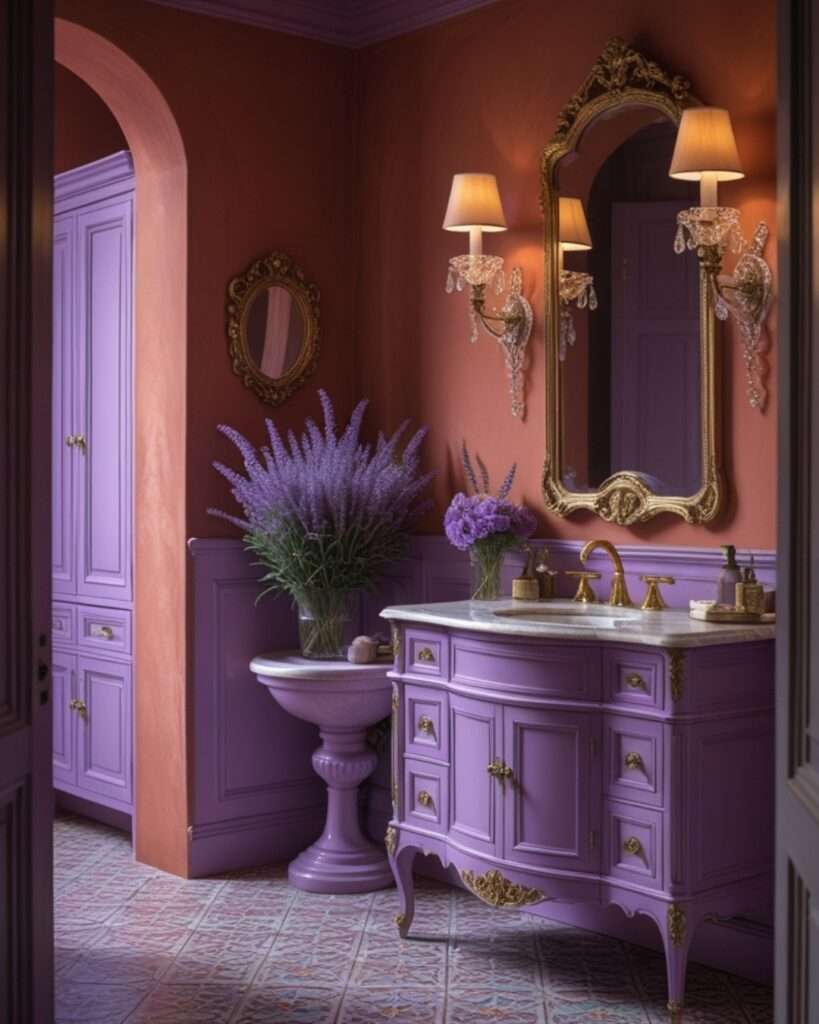 Chic Terracotta Bathroom Enhanced with Soft Lavender Touches