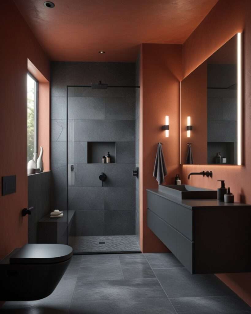 Chic Terracotta Oasis with Charcoal Accents for a Sleek Bathroom
