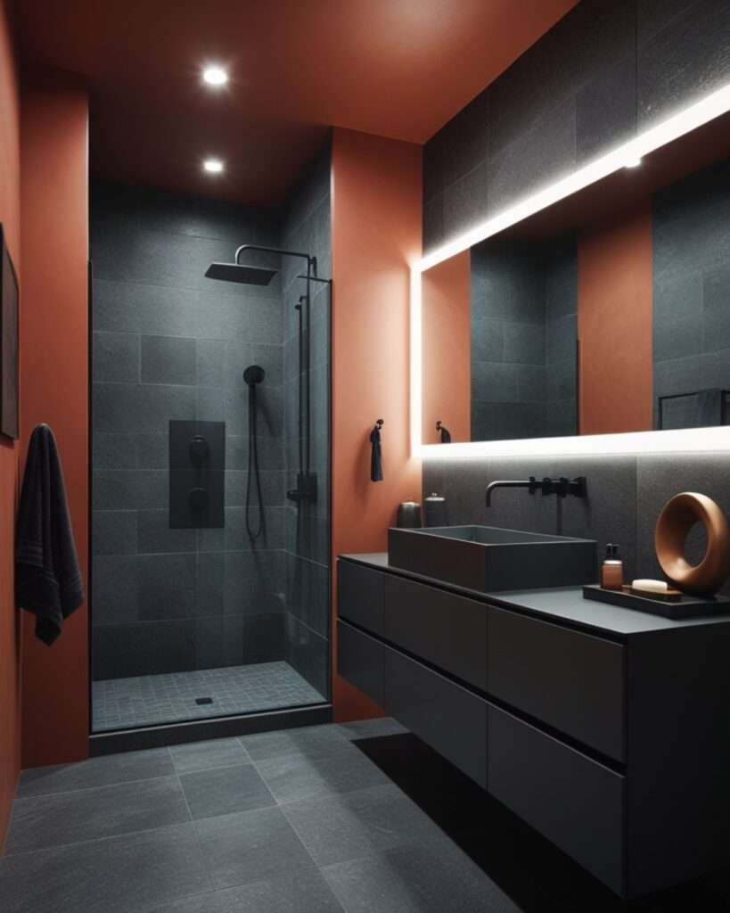 Chic Terracotta Oasis with Charcoal Accents for a Sleek Bathroom