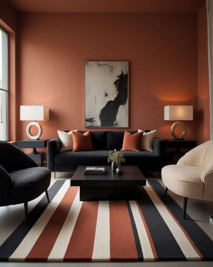 Contemporary Terracotta Living Room With Black and Ivory Contrast