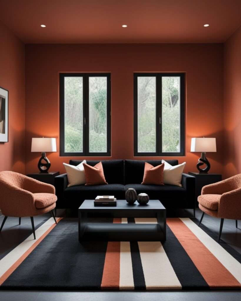 Contemporary Terracotta Living Room With Black and Ivory Contrast