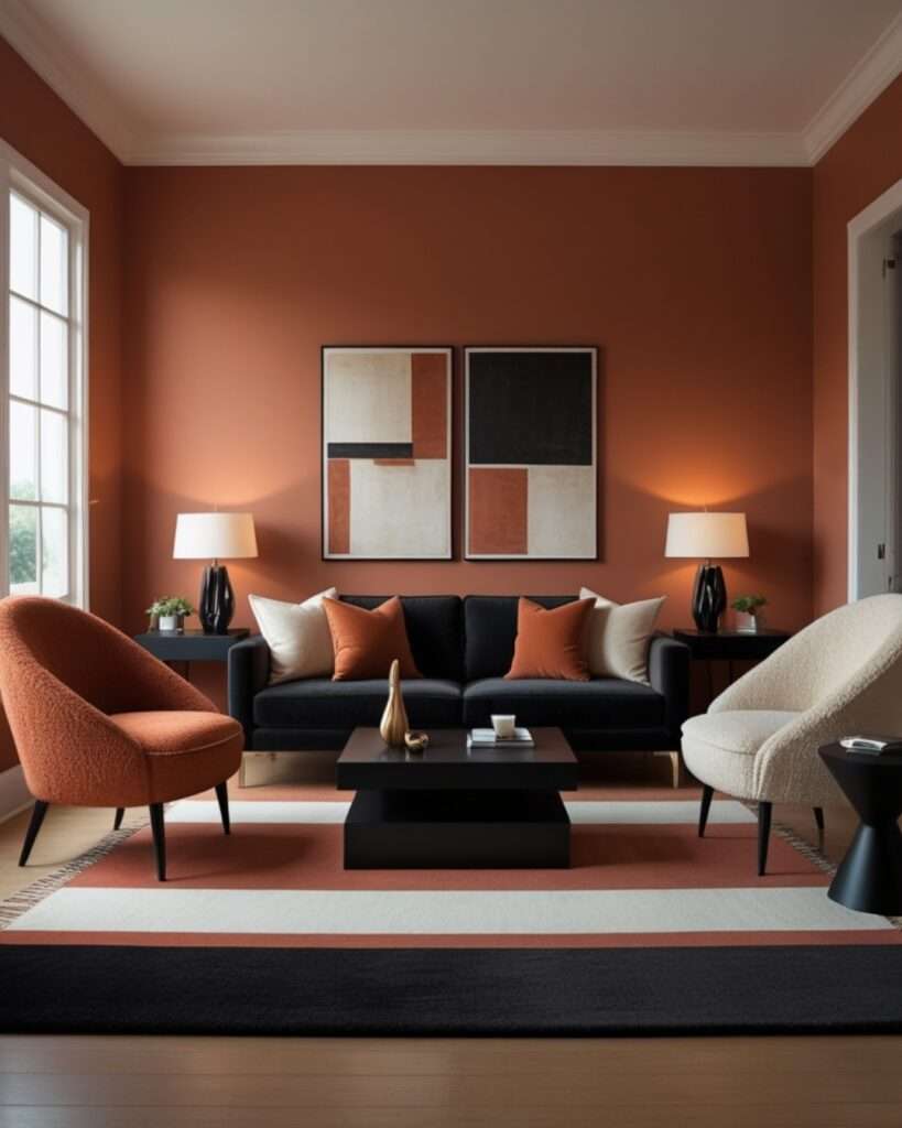 Contemporary Terracotta Living Room With Black and Ivory Contrast