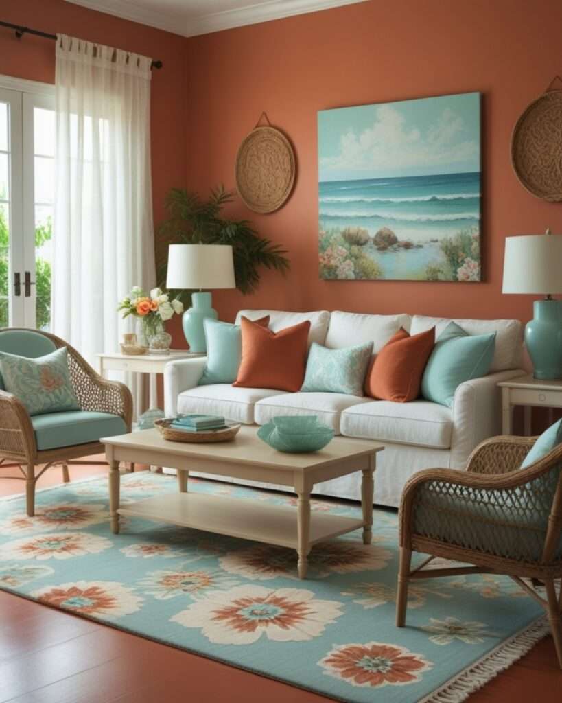 Coastal Terracotta Living Room With Aqua Blue Accents