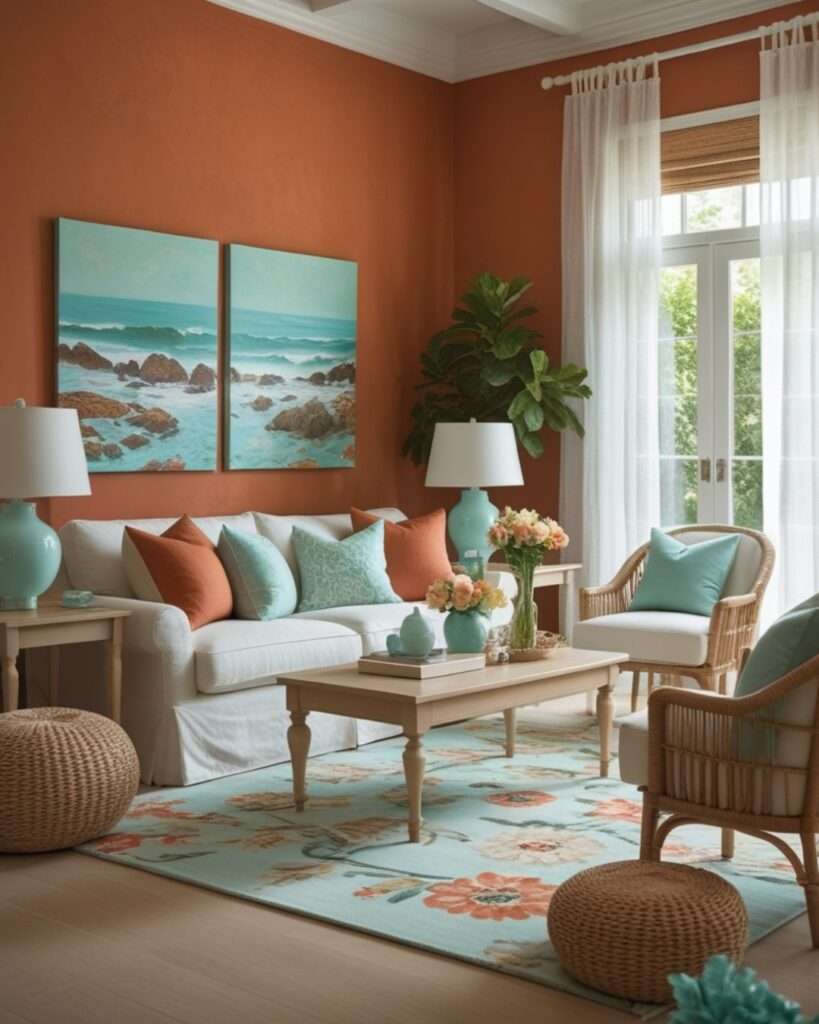Coastal Terracotta Living Room With Aqua Blue Accents