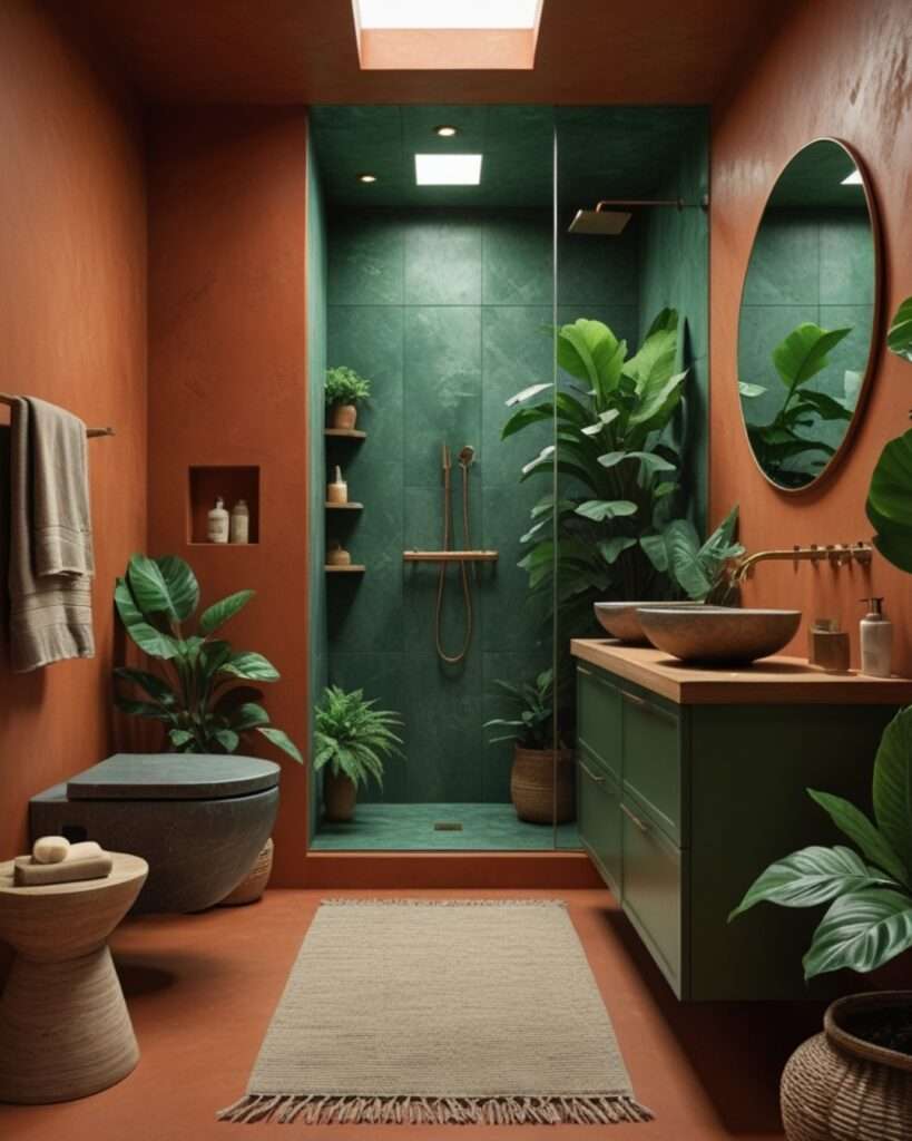Earthy Elegance: Terracotta and Olive Green Bathroom Retreat
