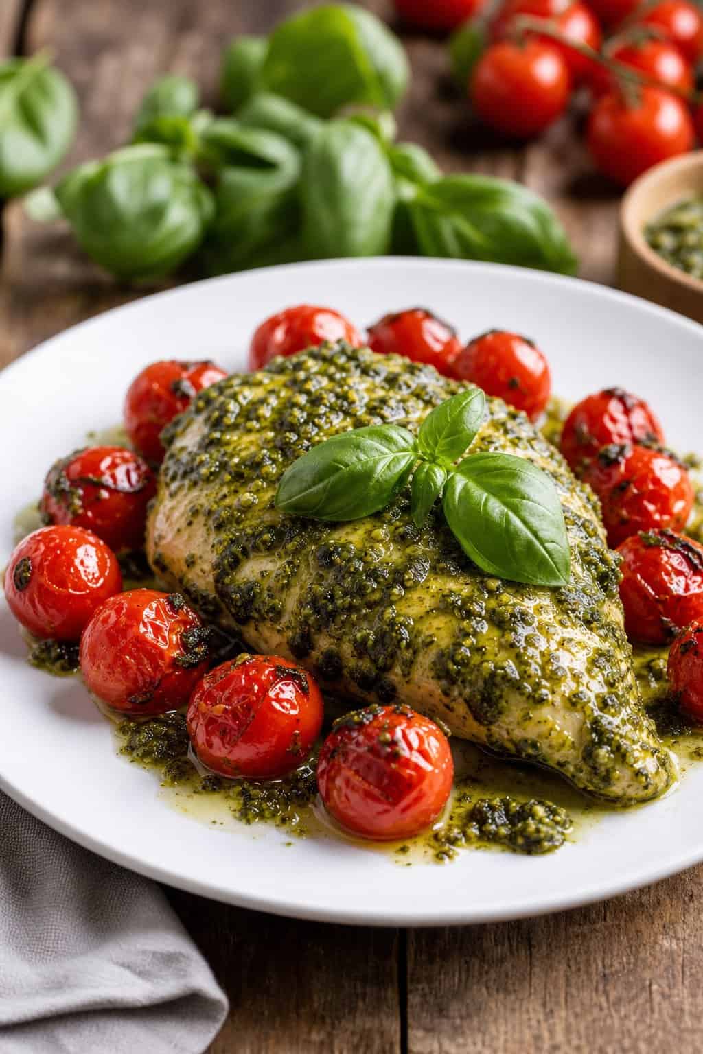 Herbed Pesto Chicken with Oven-Roasted Cherry Tomatoes