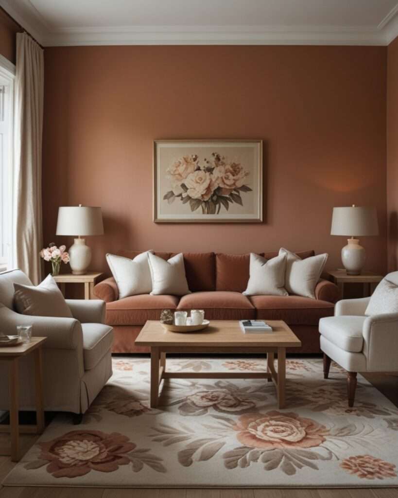 Neutral Terracotta Living Room With Soft Beige Layers