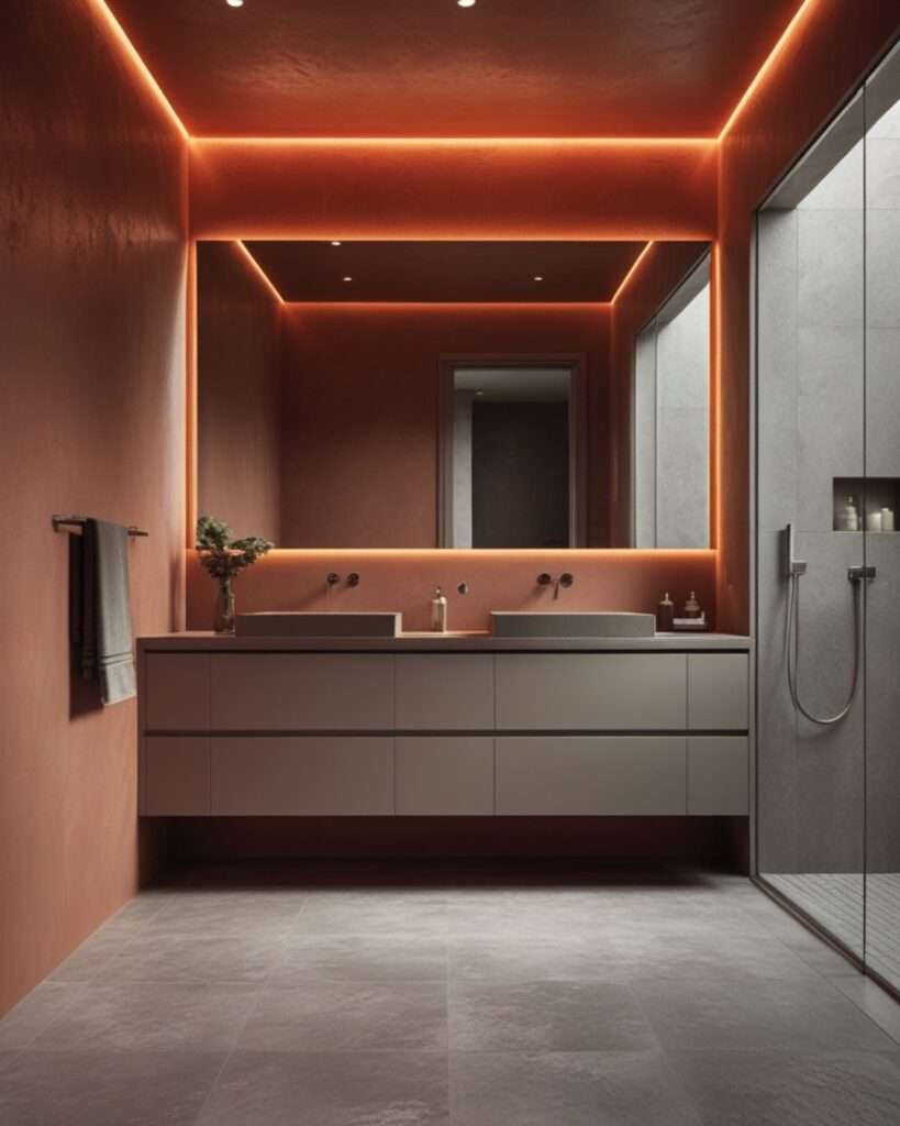 Modern Terracotta Bathroom Accented with Soft Gray Tones