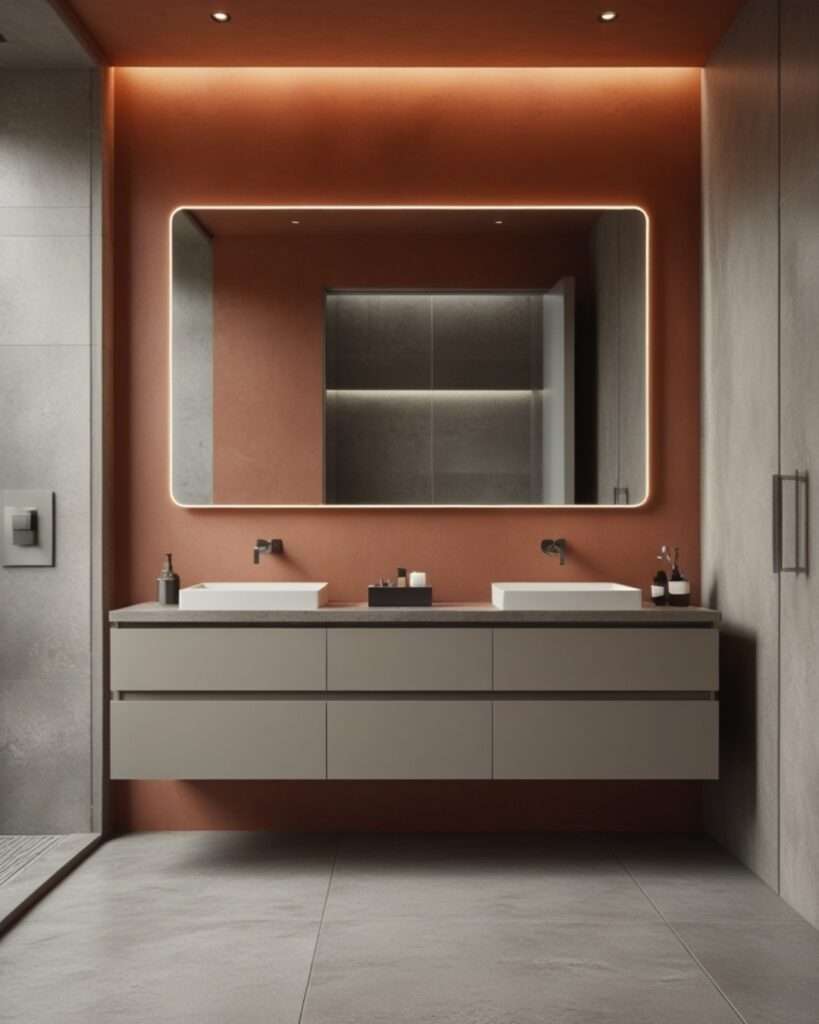 Modern Terracotta Bathroom Accented with Soft Gray Tones