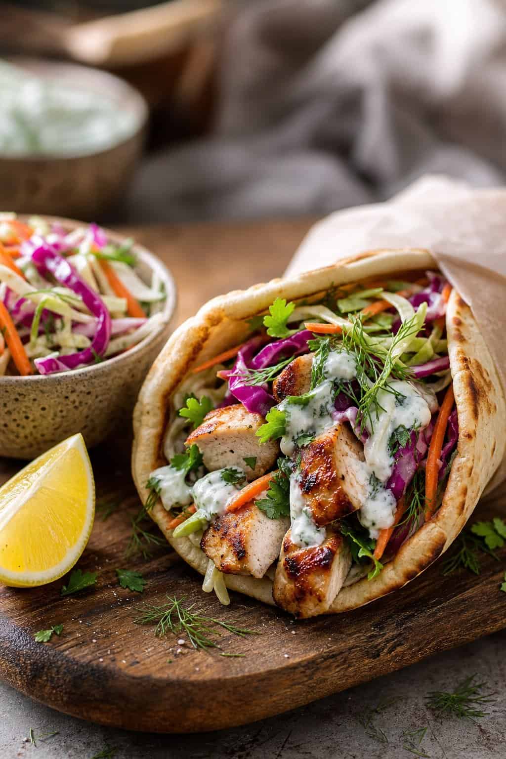 Creamy Greek Yogurt Chicken Gyros with Crunchy Cabbage Slaw